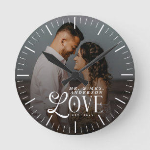 Modern Love Custom Name Year Photo Couples Wedding Round Clock