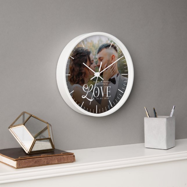 Modern Love Custom Wedding Photo Couples Keepsake Clock (Office)