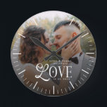 Modern Love Custom Wedding Photo Couples Keepsake Round Clock<br><div class="desc">Celebrate your love story in a timeless way with the Modern Love Custom Wedding Photo Couples Keepsake Watch — a beautifully personalized timepiece designed to honor your most meaningful moments. This elegant watch showcases your favorite couple photo paired with a clean, modern monogram, creating a one-of-a-kind accessory that’s both sentimental...</div>