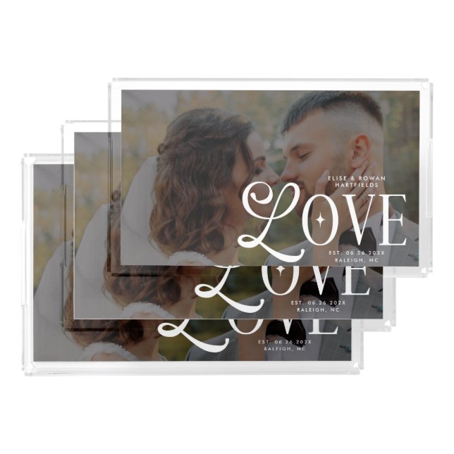 Modern Love Custom Wedding Photo Couples Monogram Acrylic Tray (Set)