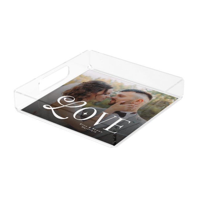 Modern Love Custom Wedding Photo Couples Monogram Acrylic Tray (Angled)