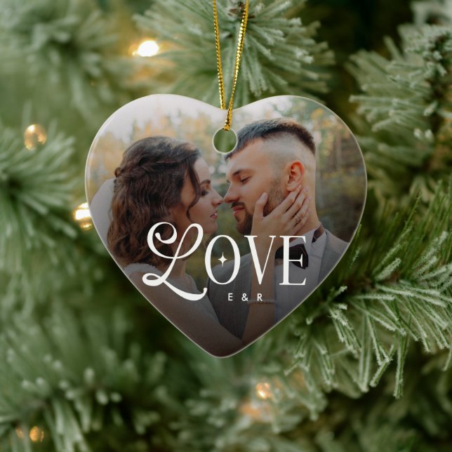 Modern Love Custom Wedding Photo Couples Monogram Ceramic Ornament (Tree)