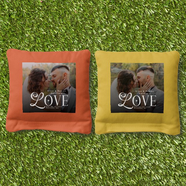 Modern Love Custom Wedding Photo Couples Monogram Cornhole Bags (Grass)
