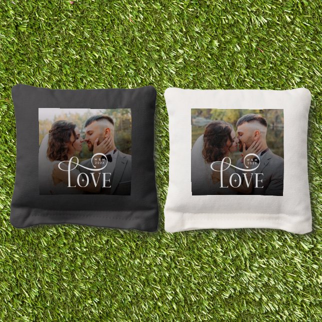 Modern Love Custom Wedding Photo Couples Monogram Cornhole Bags (Grass)