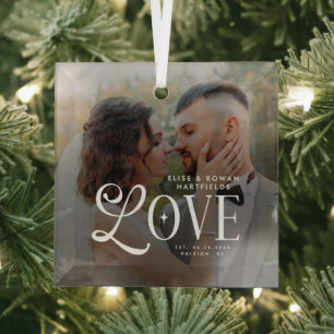 Modern Love Custom Wedding Photo Couples Monogram Glass Ornament