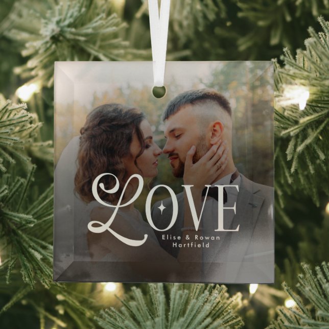 Modern Love Custom Wedding Photo Couples Monogram Glass Ornament (Insitu)