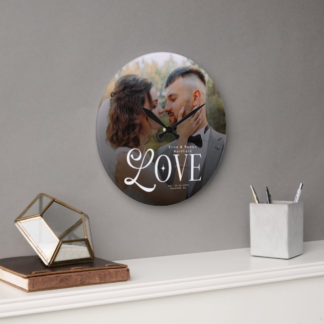 Modern Love Custom Wedding Photo Couples Monogram Large Clock (Office)
