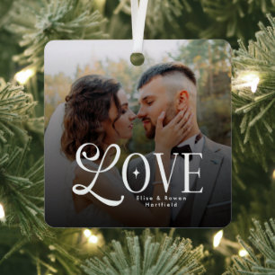 Modern Love Custom Wedding Photo Couples Monogram Metal Ornament