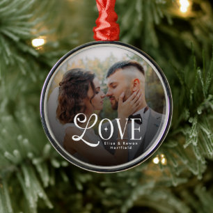 Modern Love Custom Wedding Photo Couples Monogram Metal Ornament