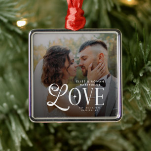 Modern Love Custom Wedding Photo Couples Monogram Metal Ornament