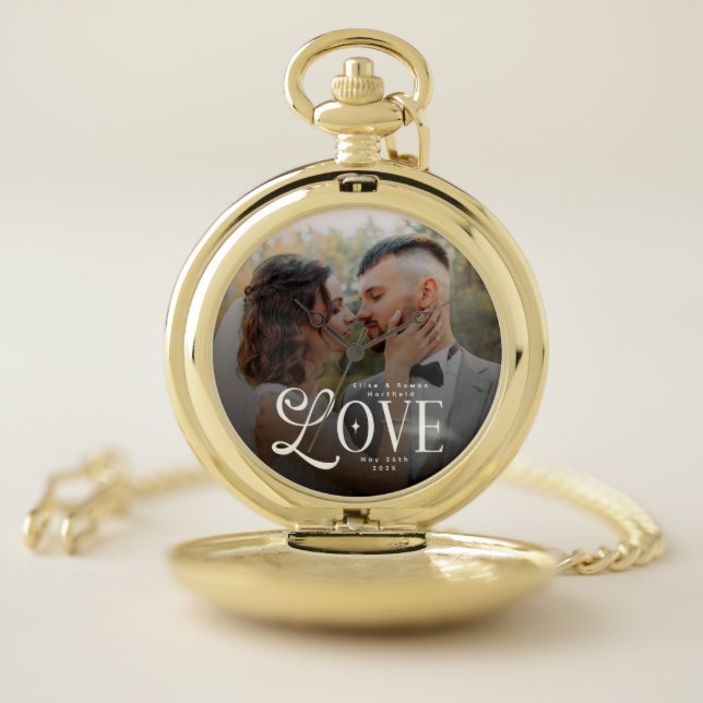 Modern Love Custom Wedding Photo Couples Monogram Pocket Watch (Inside)