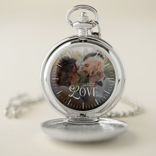 Modern Love Custom Wedding Photo Couples Monogram Pocket Watch (Inside)