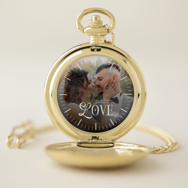 Modern Love Custom Wedding Photo Couples Monogram Pocket Watch (Inside)