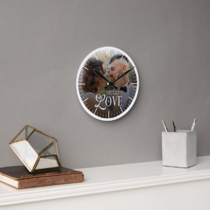 Modern Love Custom Wedding Photo Couples Monogram Round Clock
