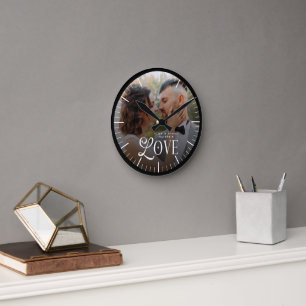 Modern Love Custom Wedding Photo Couples Monogram Round Clock