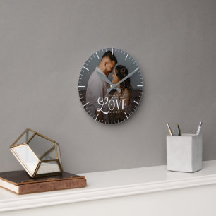 Modern Love Custom Wedding Photo Couples Monogram Round Clock