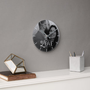 Modern Love Custom Wedding Photo Couples Monogram Round Clock