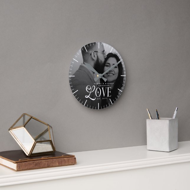 Modern Love Custom Wedding Photo Couples Monogram Round Clock (Office)
