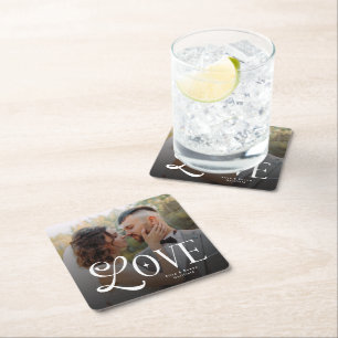 Modern Love Custom Wedding Photo Couples Monogram Square Paper Coaster