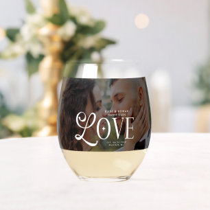 Modern Love Custom Wedding Photo Couples Monogram Stemless Wine Glass