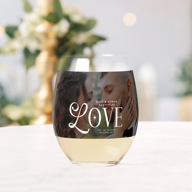 Modern Love Custom Wedding Photo Couples Monogram Stemless Wine Glass (Insitu (Wedding))
