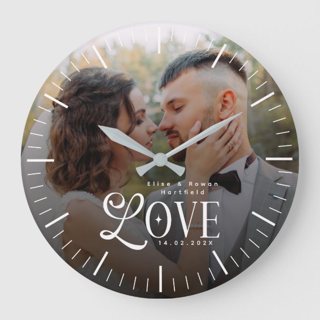 Modern Love Custom Wedding Photo Couples Newlyweds Large Clock (Front)