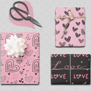 Modern Love Doodles Cute Pink & Black Hearts Wrapping Paper Sheets