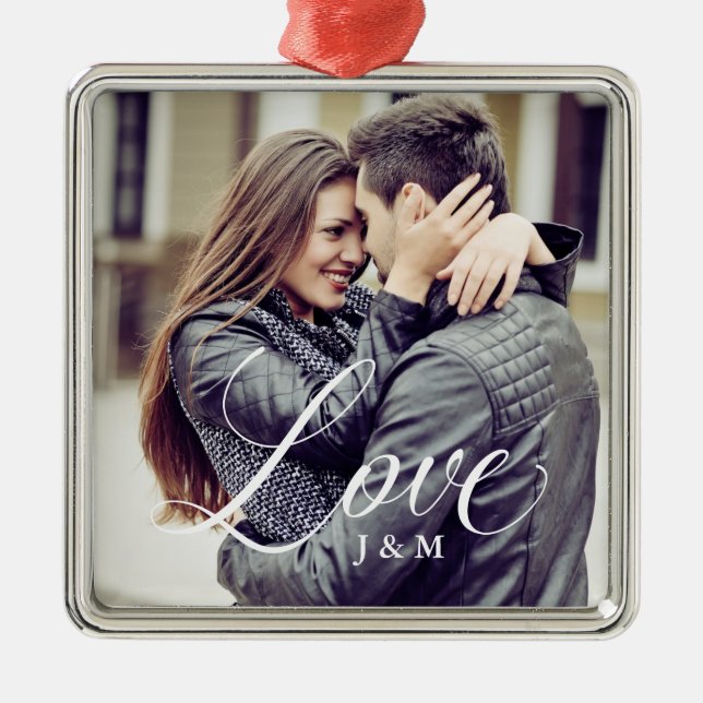 Modern Love | Elegant Calligraphy with your Photo Metal Ornament (Front)