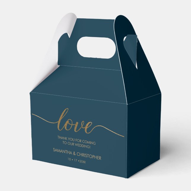 Modern Love Gold Script Navy Blue Wedding  Favor Boxes (Front Side)