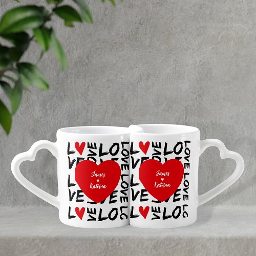 Modern Love Heart  Names Couples Coffee Mug Set