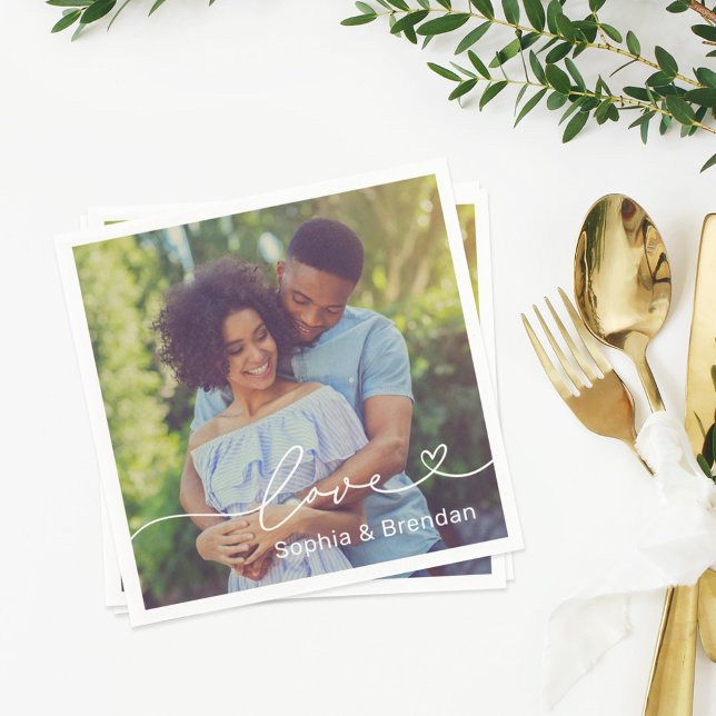 Modern Love Heart Script Photo Wedding Napkins (Creator Uploaded)