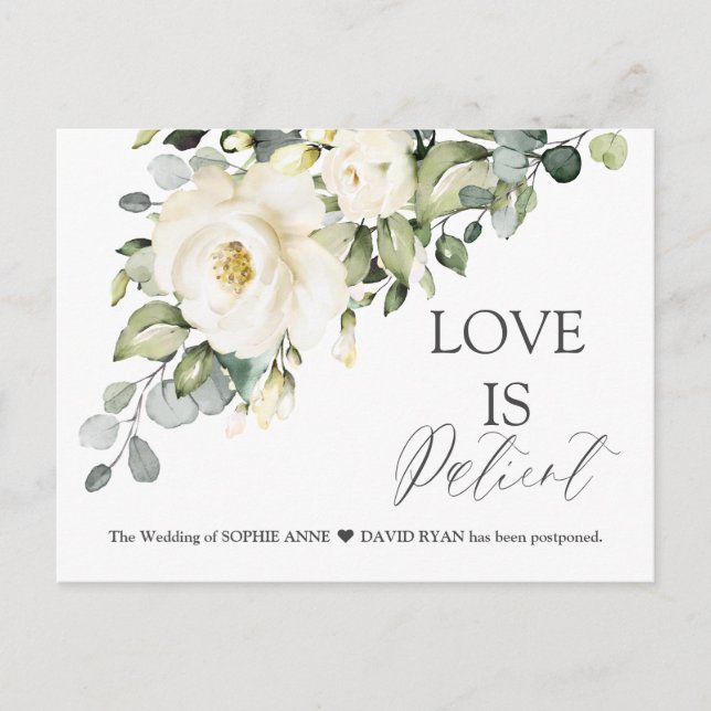 Modern Love Is Patient White Floral Wedding Update Postcard (Front)