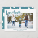 Modern Love & Light Aqua Hanukkah Photo Holiday Card<br><div class="desc">A simple, stylish Hanukkah photo card design, featuring modern typography reading "Love & Light" in aqua over a white background. Modern styled text templates are included for personalization, as well as a splotch pattern in white and aqua on the back of the card. For design or product inquiries please feel...</div>