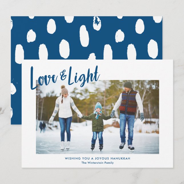 Modern Love & Light Blue Hanukkah Photo Holiday Card (Front/Back)