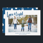 Modern Love & Light Blue Hanukkah Photo Holiday Card<br><div class="desc">A simple, stylish Hanukkah photo card design, featuring modern typography reading "Love & Light" in blue over a white background. Modern styled text templates are included for personalization, as well as a splotch pattern in white and blue on the back of the card. For design or product inquiries please feel...</div>