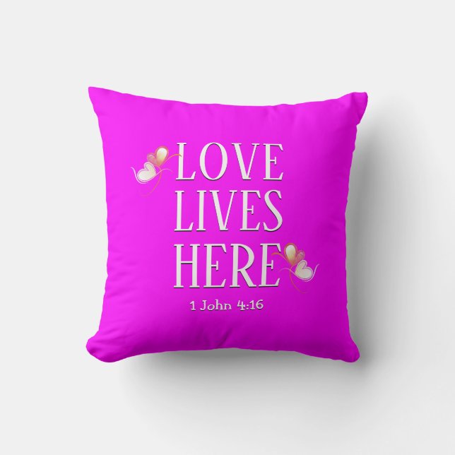 Modern LOVE LIVES HERE Customizable Text HOT PINK Throw Pillow (Front)