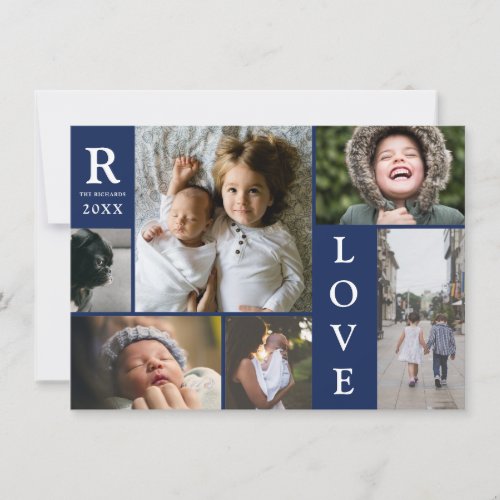 Modern Love Navy Color Block Family Photo Collage Holiday Card