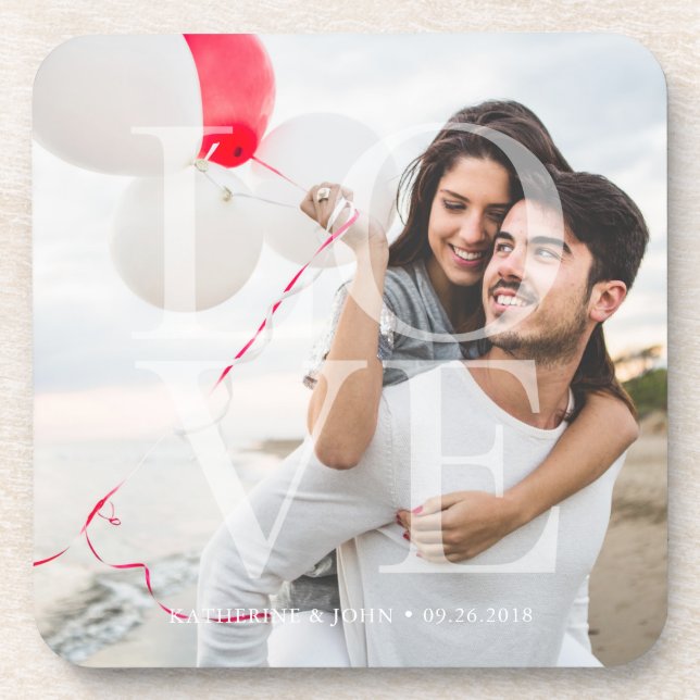 Modern "LOVE" Overlay Photo Beverage Coaster (Front)