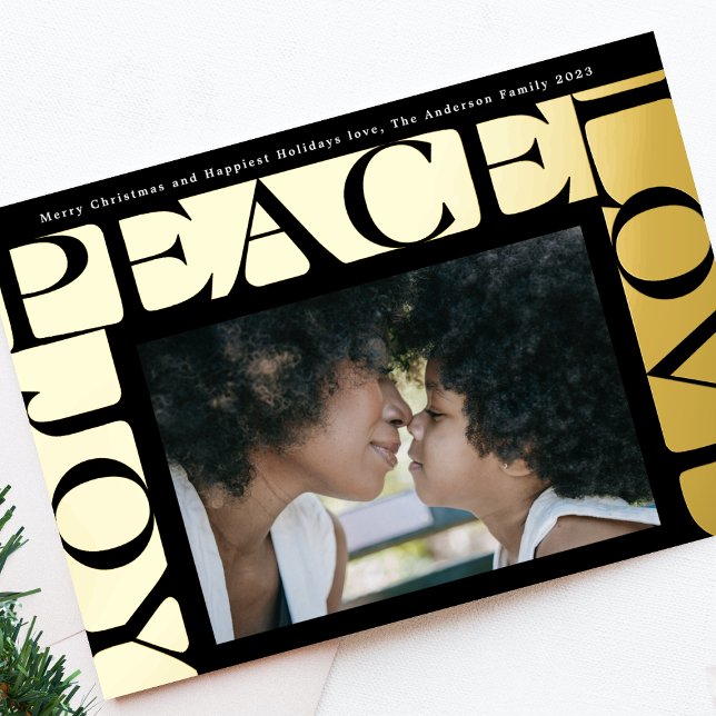 Modern LOVE PEACE JOY one photo onyx frame Foil Holiday Card (Creator Uploaded)