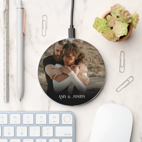 Modern love photo black overlay names wireless charger 