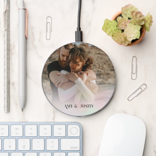 Modern love photo rainbow ombre names wireless charger 