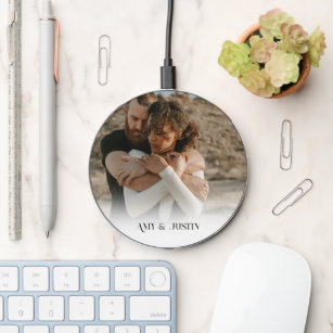Modern love photo white overlay names wireless charger 