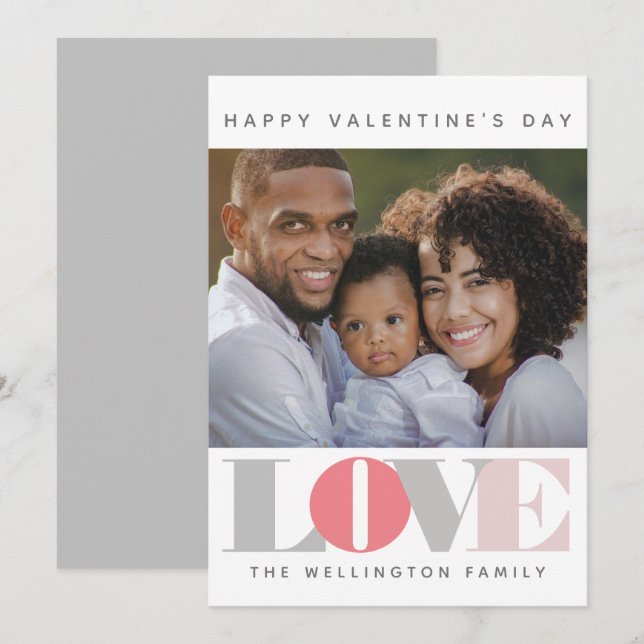 Modern LOVE Pink Gray Valentine's Day Photo Holiday Card (Front/Back)