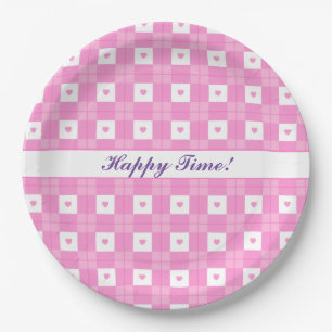 Modern Love Plaid Pink Heart Collection Paper Plates