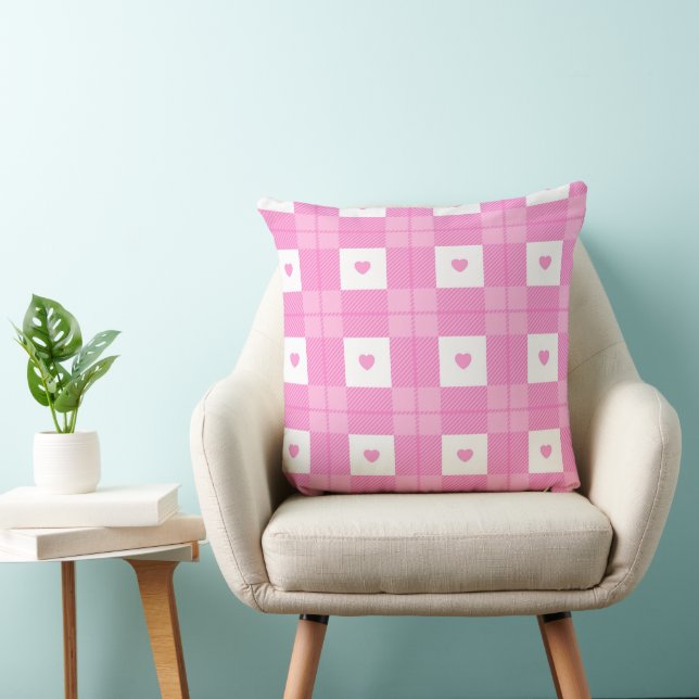 Modern Love Plaid Pink Heart Collection Throw Pillow (Chair)