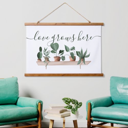 Modern love quote plants watercolor illustration hanging tapestry