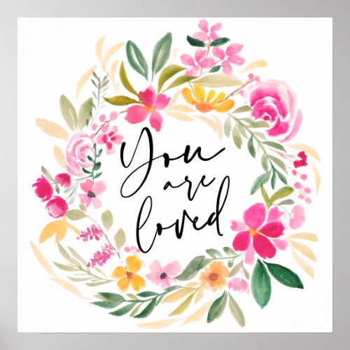 Modern love quote script floral wreath watercolor poster