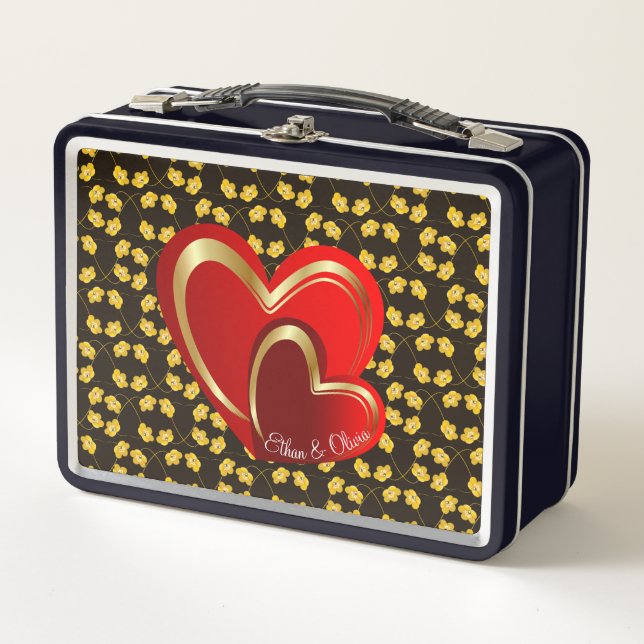 Modern Love Red Hearts Personalized Relationship Metal Lunch Box (Front)