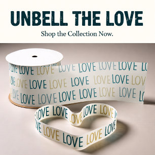 Modern LOVE Repeating Pattern in Teal and Gold Satin Ribbon