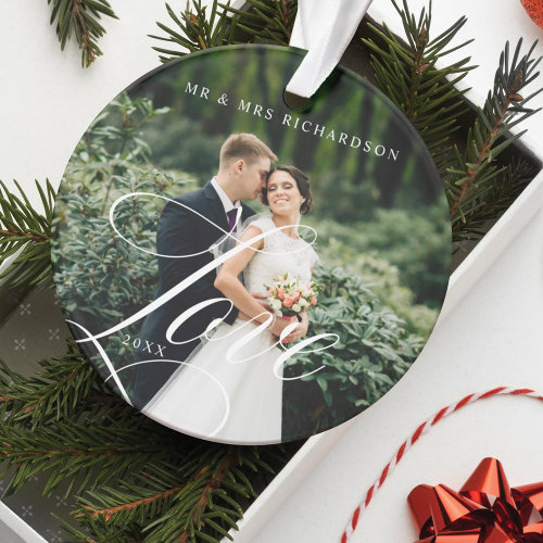 Modern Love Script Newlywed Full Photo Keepsake Ornament